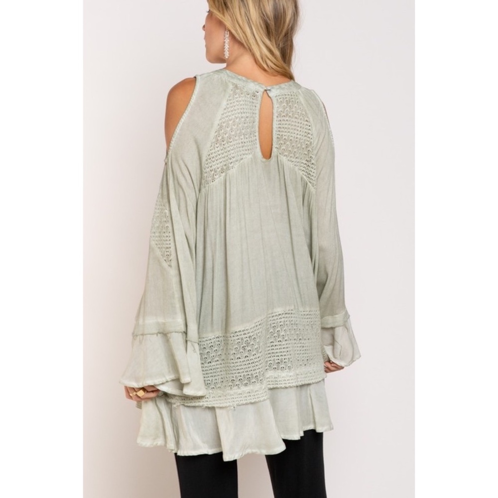 POL Sage Green Long Sleeve Lace Inset Ruffled Tunic Top - Picture 6 of 8